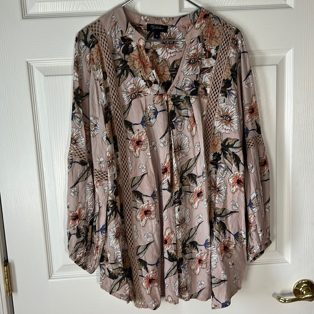 RD+ Koko Boho Vneck Long Sleeved Taupe Floral Printed Flowy Tunic, Sz 1X